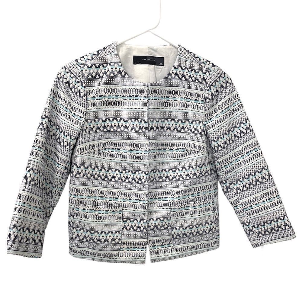 The Limited Cropped embroidered Blazer. Size Pet XS. Cream, grey and light blue